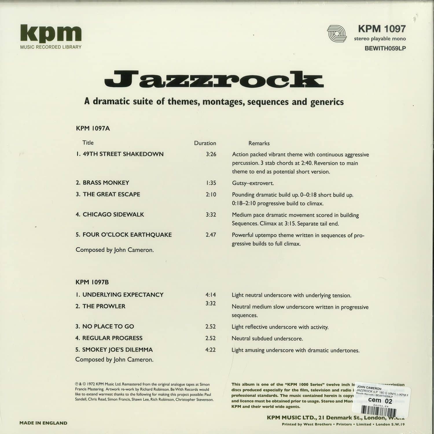 英LP John Cameron Jazzrock BEWITH059LP Be With Records /00260 John Cameron – Jazzrock – Vinyl (LP), 1972 [r2616670] | Discogs