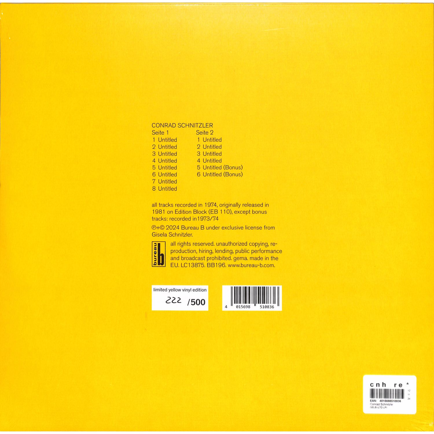 欧LP Conrad Schnitzler Gelb BB196 Bureau B /00260 Conrad Schnitzler – Gelb – Vinyl (LP, Album), 2002 [r136791