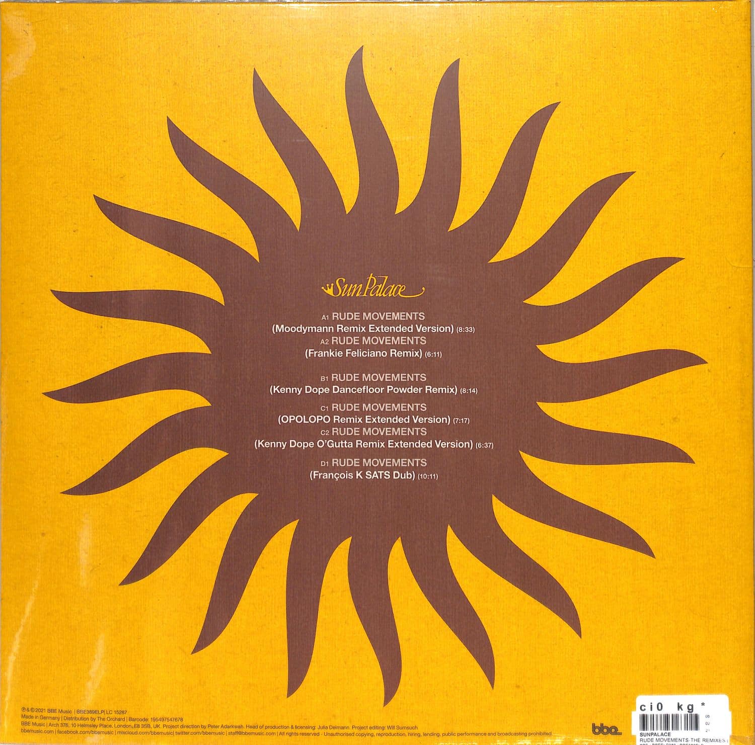 7” Sun palace MOODYMANN KENNY DOPE remix Sun Palace - Rude Movements Remix 2LP 2021 BBE Moodymann
