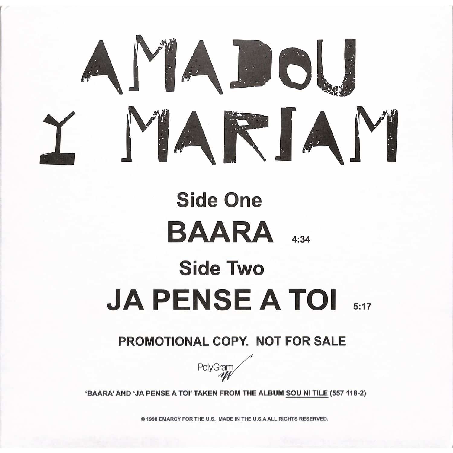 Amadou Y Mariam - BAARA/ JA PENSE A TOI